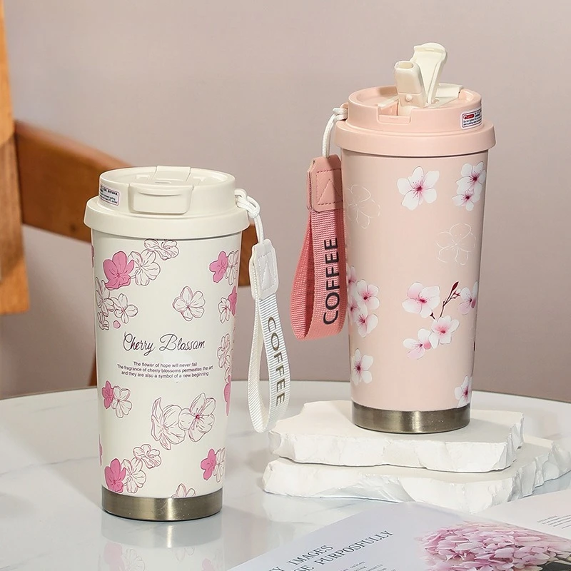 500ml Kawaii Cherry Blossom Insulated Tumbler 2-in-1 Sip & Straw Travel Coffee Cup Stainless Steel Vacuum Mug with Wrist Strap