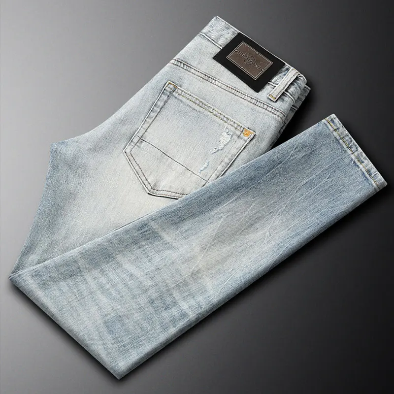 Fashionable new men's jeans, scratch washed, nostalgic, stretchy, slim fit, light blue jeans, designer hip-hop brand pants, Homb