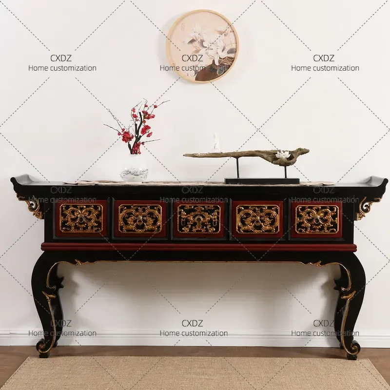 Chinese Solid Wood Warped Head Xuanguan Platform Ming Qing Retro Elm Strip Table Neoclassical Five Bucket Side Cabinet