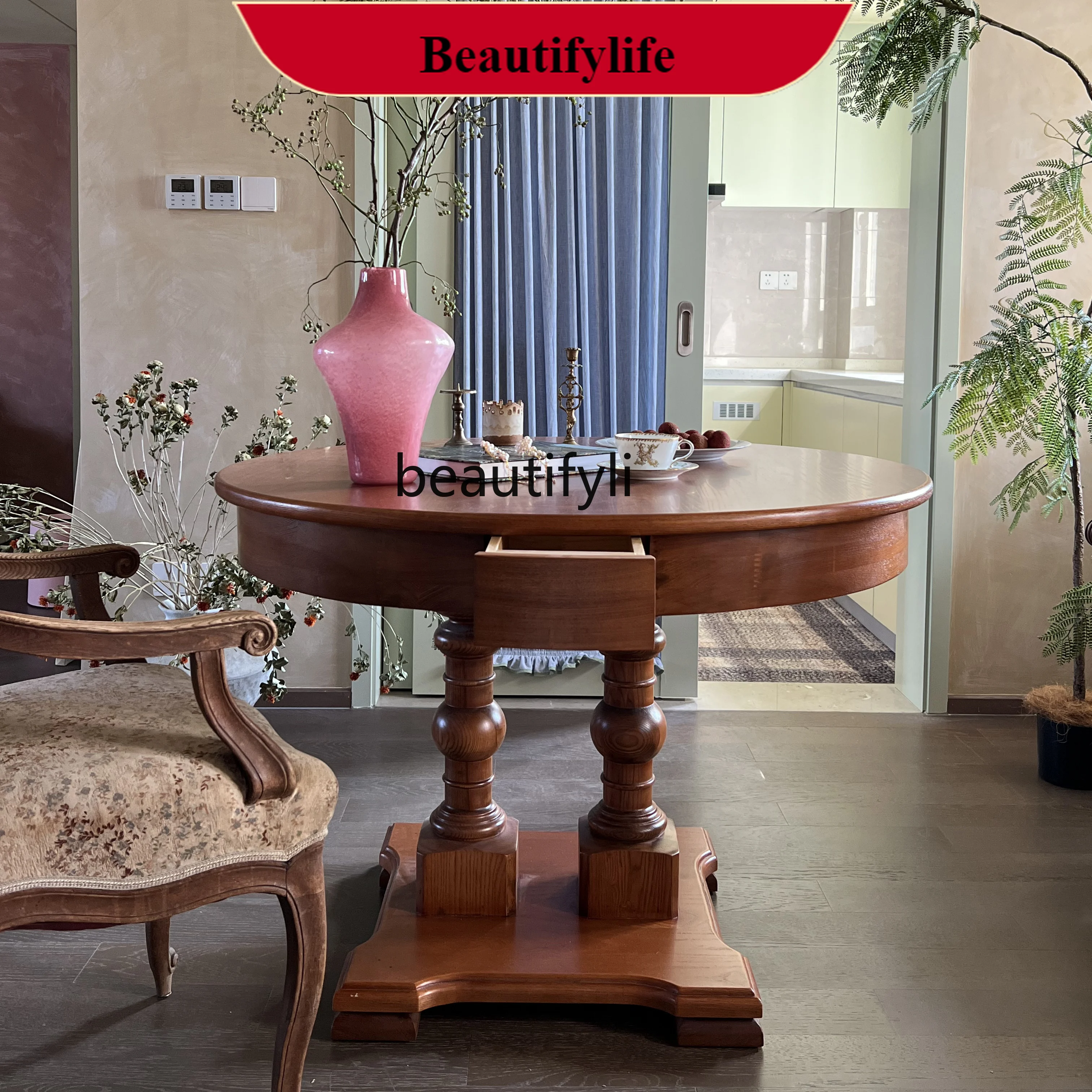 

Q132 Round dining table ash wood solid wood small apartment retro multi-functional restaurant dining table