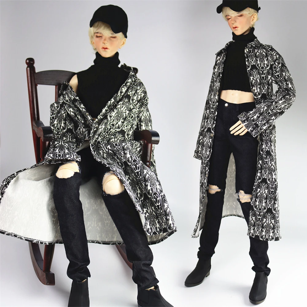 D09-P322 children handmade toy  uncle BJD Doll clothes flower long coat high neck short vest ripped pants