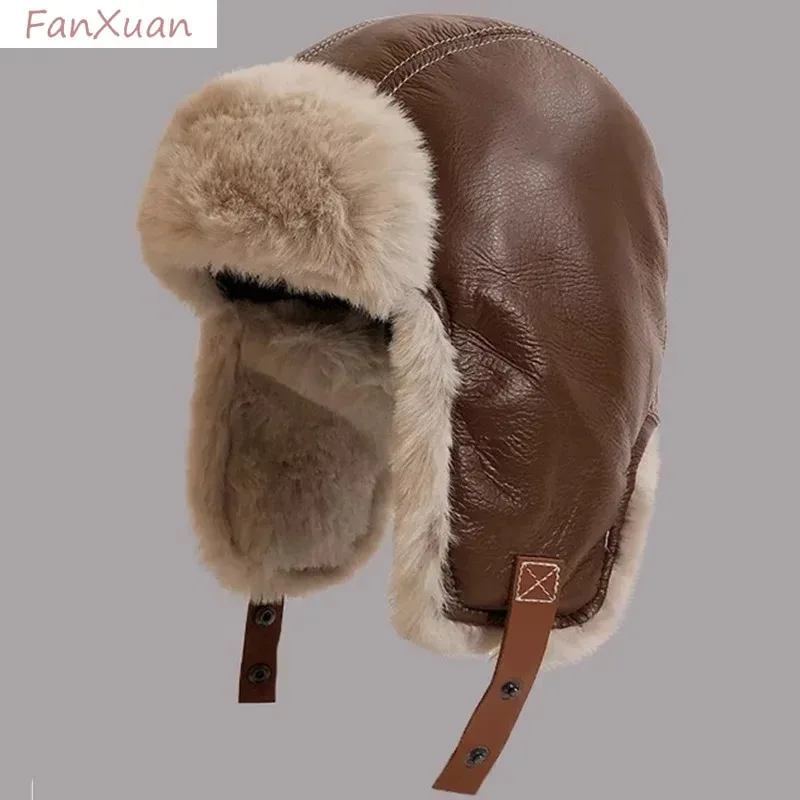 Winter Men Women\'s Pilot Aviator Bomber Trapper Hat Faux Fur Soft Leather Snow Cap with Ear Flaps Windproof Lei Feng Hat