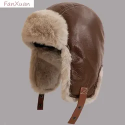 Winter Men Women's Pilot Aviator Bomber Trapper Hat Faux Fur Soft Leather Snow Cap with Ear Flaps Windproof Lei Feng Hat