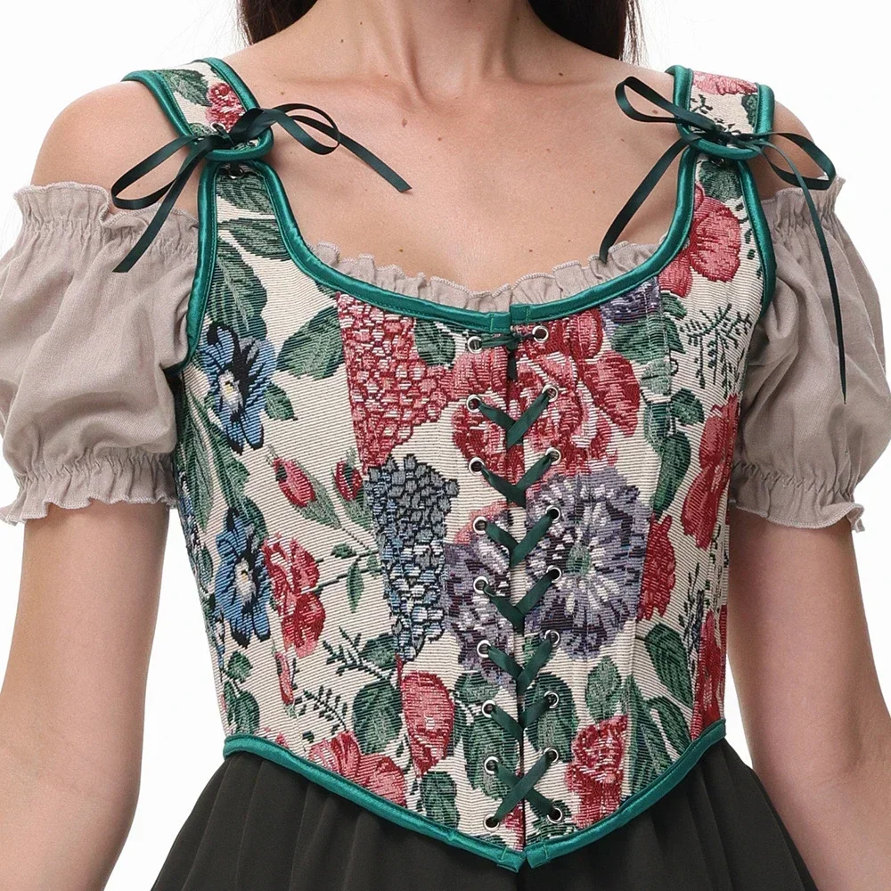 

Women Vintage Floral Printed Corset Lace Up Boned Bustier Top Victorian Side Zipper Lingerie Gothic Steampunk Corselet
