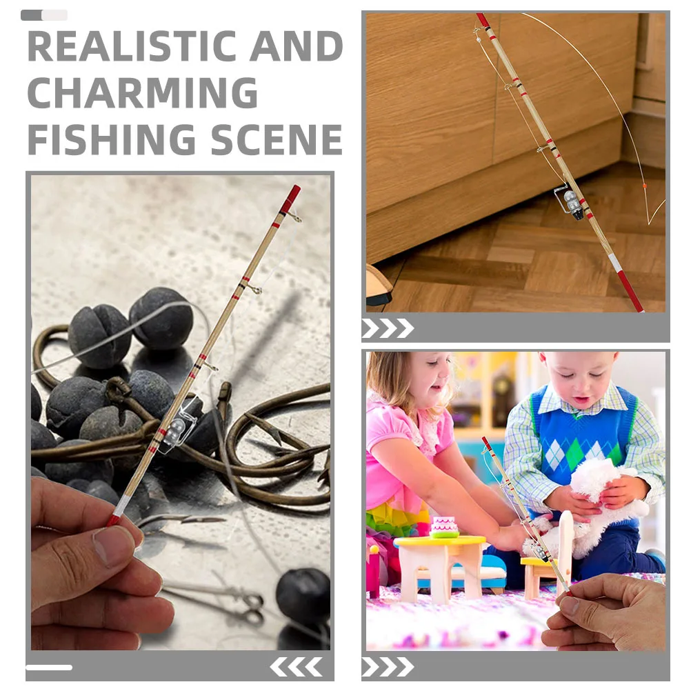 4pcs Miniature Fishing Pole Set Wood Mini Fishing Accessories For Dollhouse Ornaments Enthusiasts Pretend Play Decor