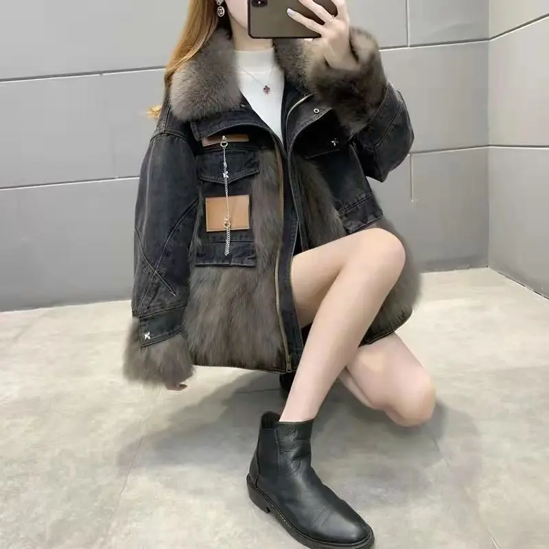 Women Thick Coat Winter Autumn Korean Fashion Parkas Patchwork Jeans Coat Sweet Full Turn-down Collar Winter Jacket Women