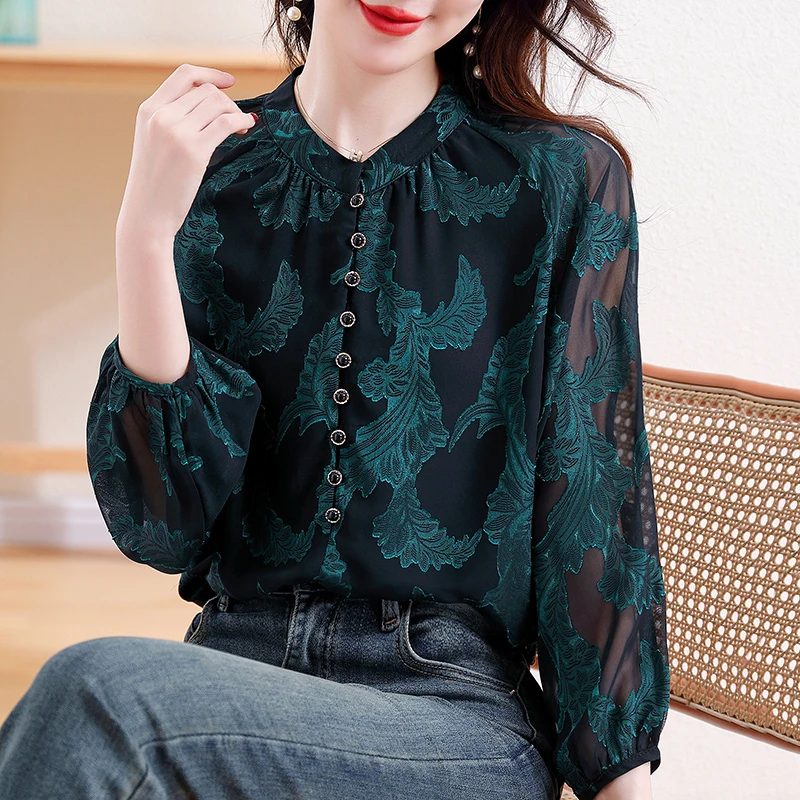Camicette classiche in chiffon da donna jacquard Semplicità Colletto tondo con bottoni Camicie larghe scavate Top casual eleganti da donna