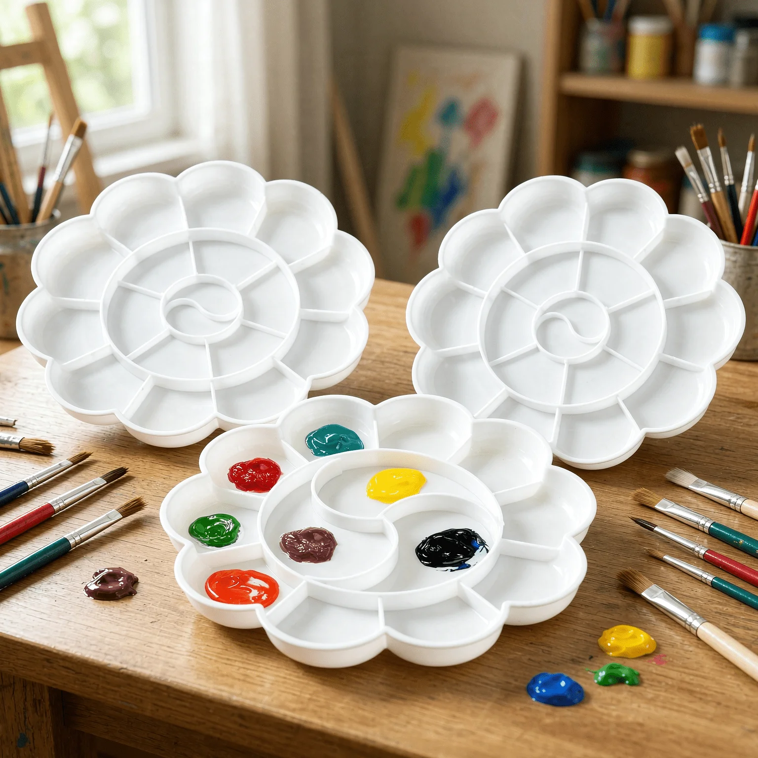 1/3 Pcs Flower Shape Paint Palette Multi-Compartment Wells White Plastic Painting Tray Center Mixing Area S/M/L Art Palette TMZ
