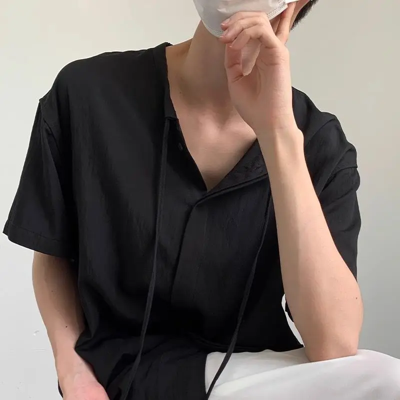 용수철 빈티지 루즈 솔리드 로파 옴브레 남성용 의류, 올 매치 드로스트링 풀오버, 내셔널 스타일 티셔츠, 여름 신상 패션