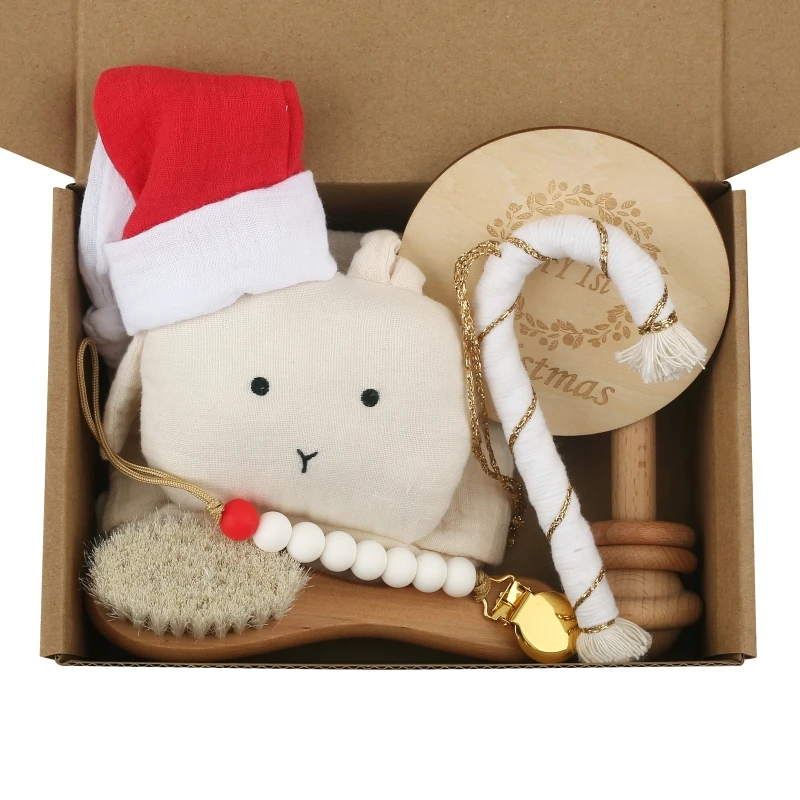 6Pcs Baby Bunny Cotton Soothe Appease Towel Hairbrush Gift Wooden Toy Silicone Pacifier Clips Chain Christmas Gift Box