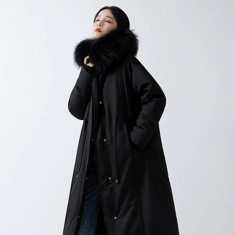 

Thiened Long Parka Sle down Jaet White Du Feather Large Fur Collar Knee-Length Bla Women's Winter Coat New 2024