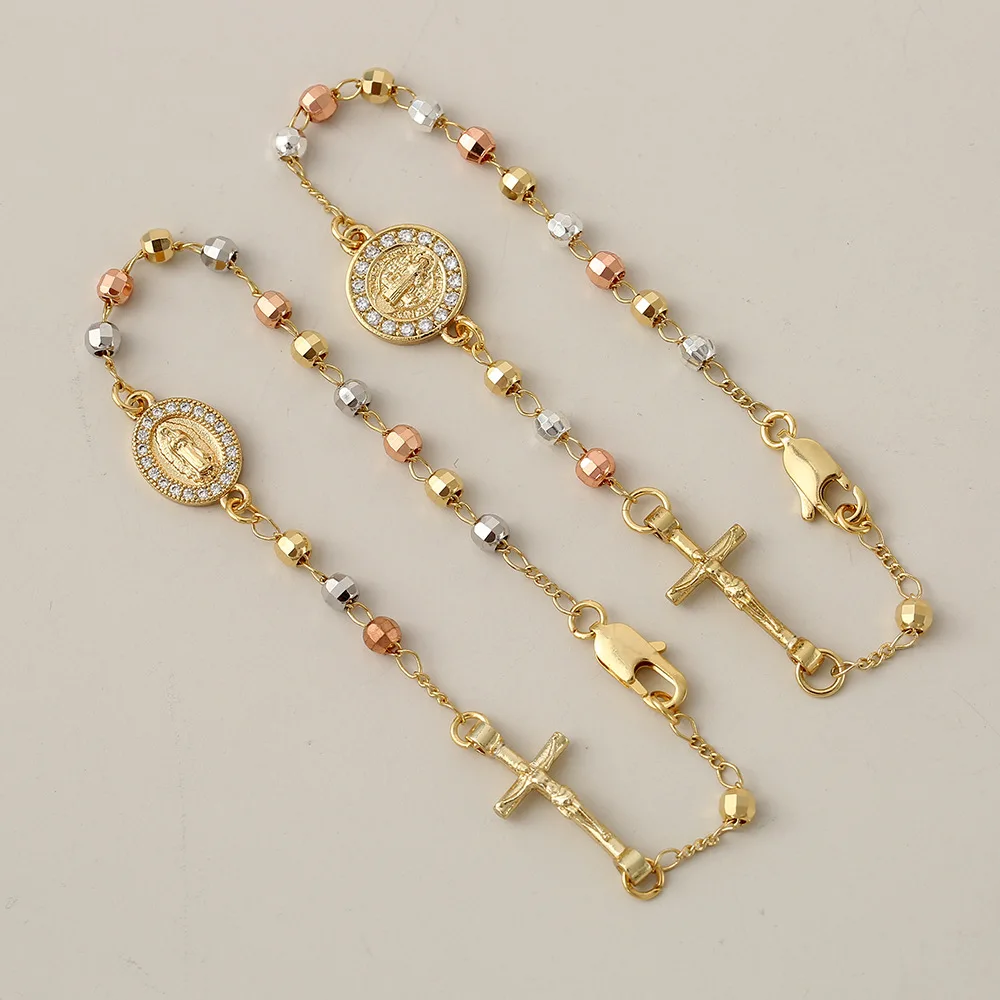 New Religious Copper Rosary Bead Cross Bracelet For Women Cubic Zircon Virgin Mary San Benito Pulsera Wholesale Jewelry