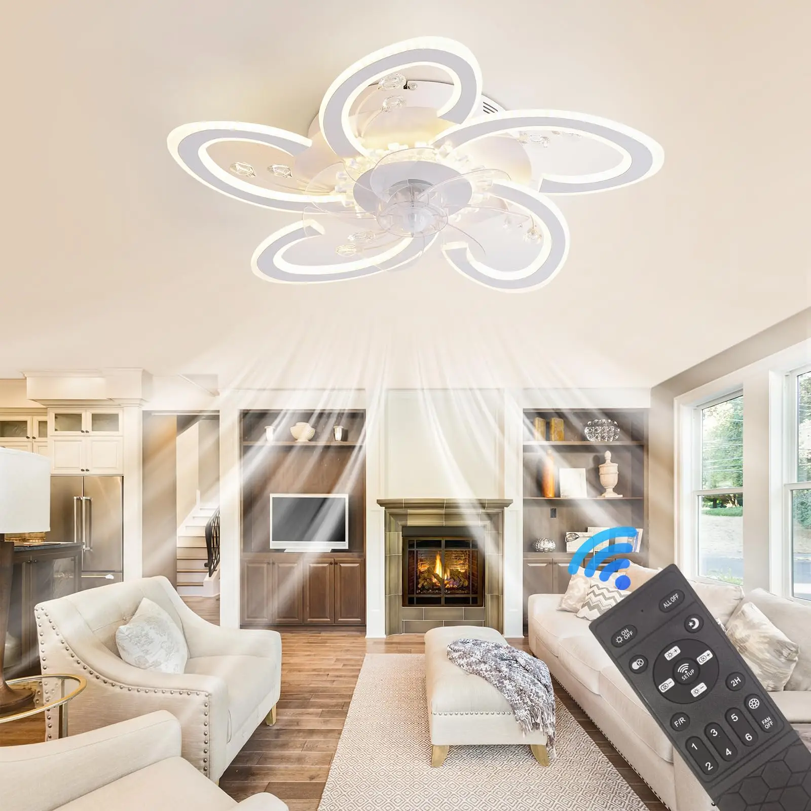 22.8'' Ceiling Fan with Lights Remote Control, Modern Dimmable Ceiling Fans, Petal Chandelier Ceiling Fans with 6 Speeds