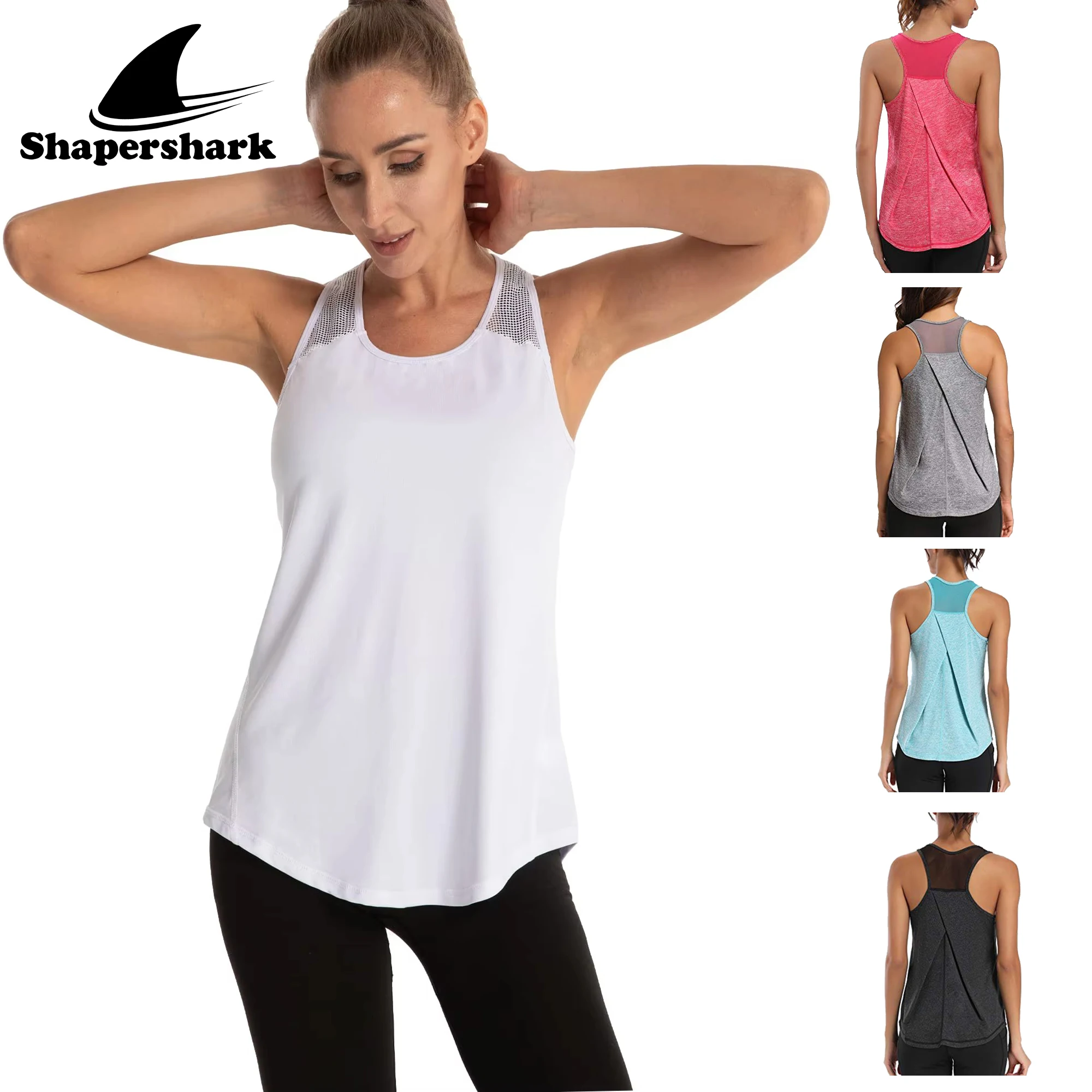 Shapershark Women's Tank Top Sleeveless Sports Top Breathable Quick-Dry Solid Color Fitness Running Yoga Straps Mesh Design