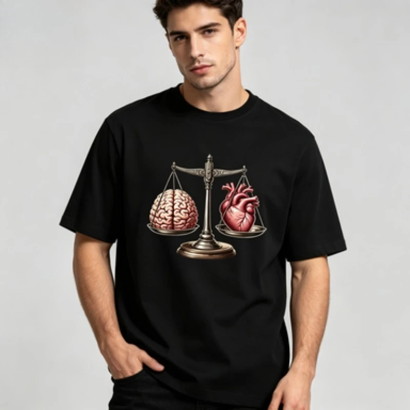 Men 100% Cotton O Neck T Shirt Balance Brain And Heart Retro Scale Graphic Print Casual Daily Male Short Sleeve Tee Tops