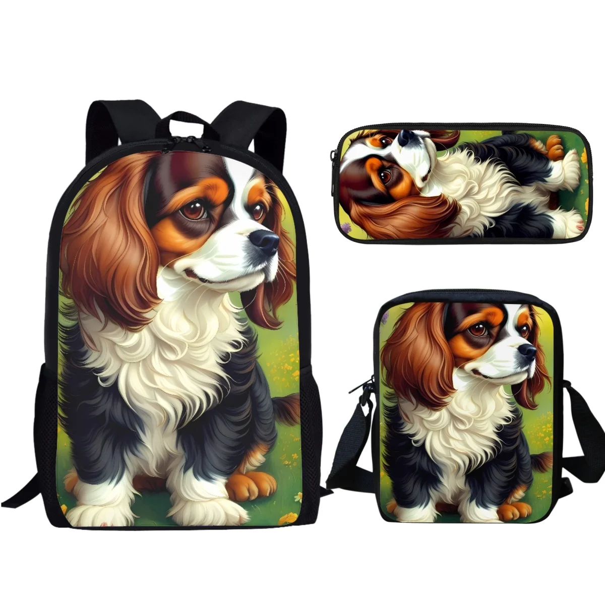 

Cavalier King Charles Spaniel Floral Designer 3Pcs/Set School Bags 2023 Teenager Boys Casual Backpack Shoulder Bag Pencil Case