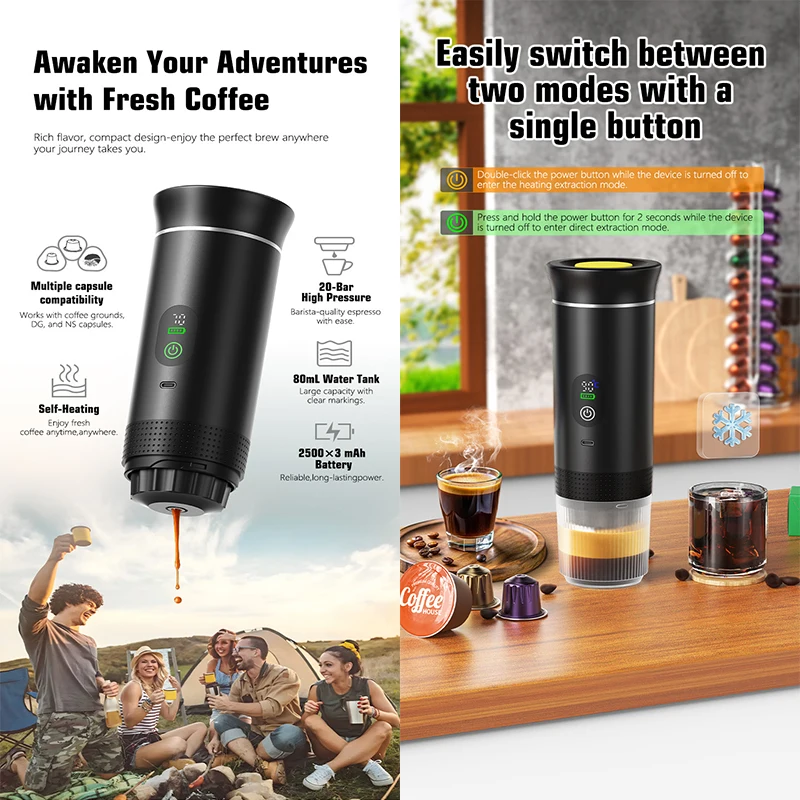 Portable USB Fully Automatic Coffee Maker Self-Heating Travel Drip Capsule Espresso Machine Mini Cold Hot Brew
