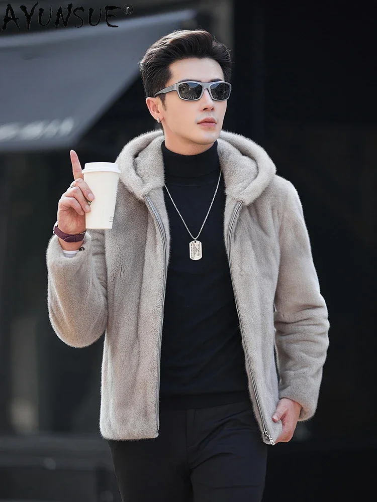 AYUNSUE Natural Fur Coat Hooded Men's Winter Jackets 2025 Luxury Real Mink Fur Jacket Casual Fur Coats Abrigos Invierno Hombre