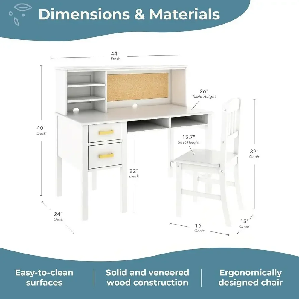 Children's White Wooden Desk and Chair Set with Storage Hutch, Shelves, and Corkboard for Study and Playroom Furniture