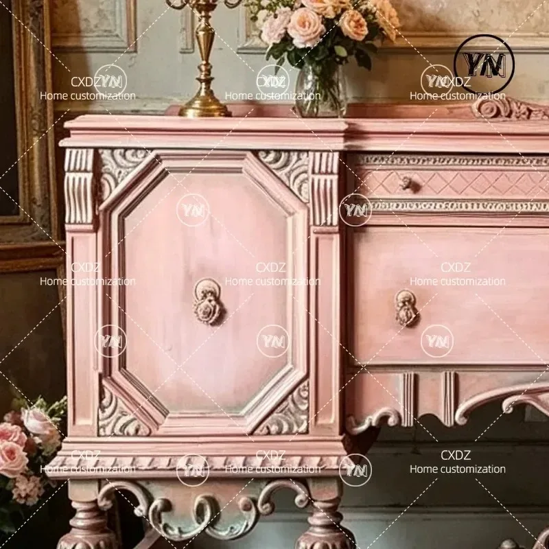 French Retro Pink Metal Locker Side Cabinet with Engraved Drawer Storage Unit Vintage Style Nightstand for Living Room
