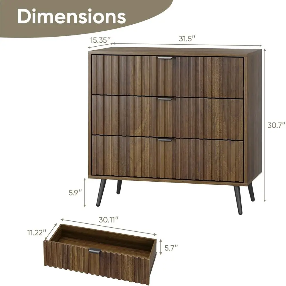 3 Drawer Wooden Chest - Large Nightstand Organizer for Bedroom, Closet, Hallway, Entryway in Walnut Finish