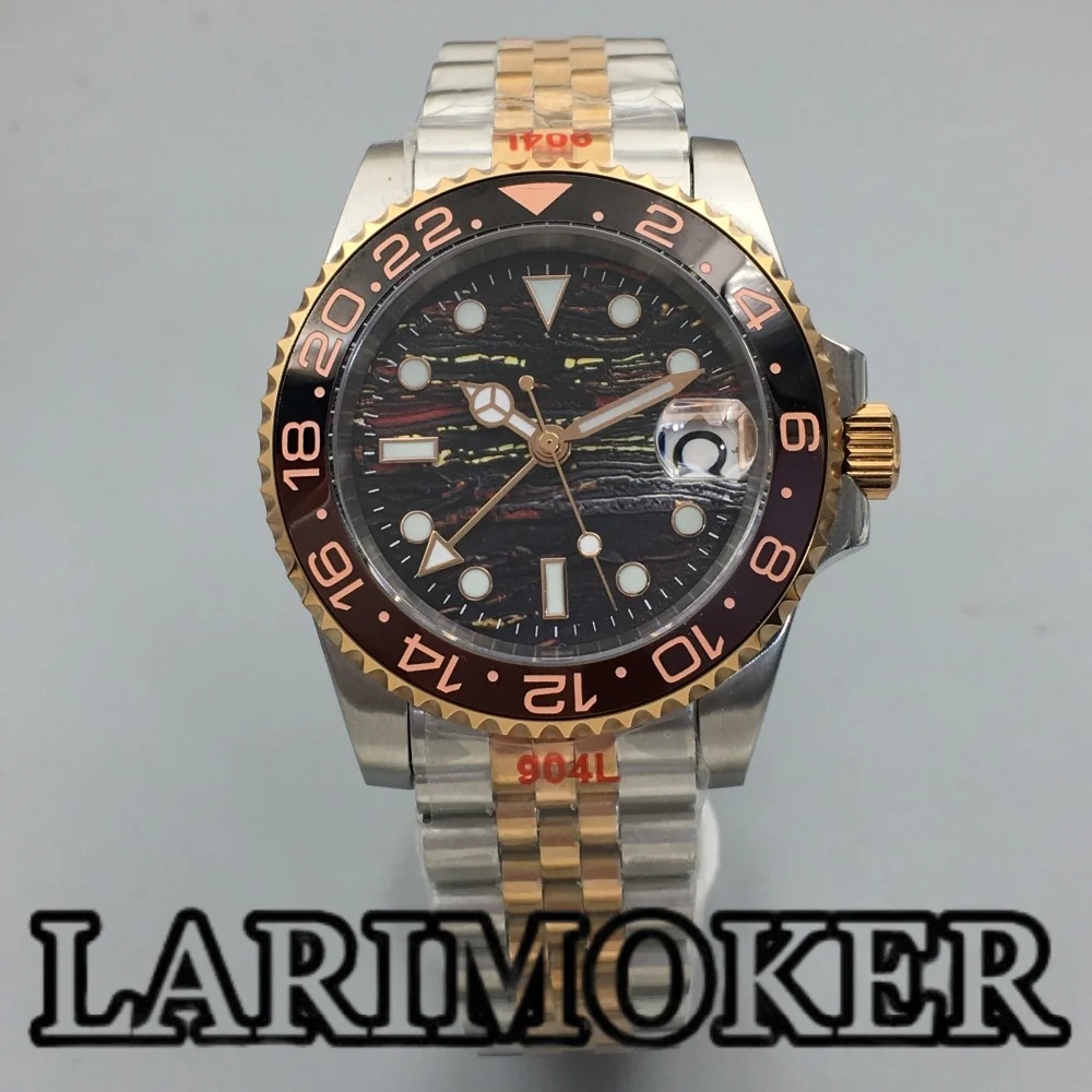 LARIMOKER 41mm Two-tone Rose Gold Men's automatic Diving watch luminous dial sapphire glass GMT NH34 Date window ceramic bezel
