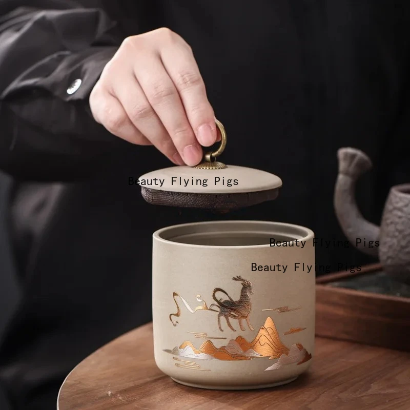 Coarse Pottery Storage Tank Household Moisture-proof Tea Can Candy Sealed Box Food Storage Container Tea Ceremony Accessories