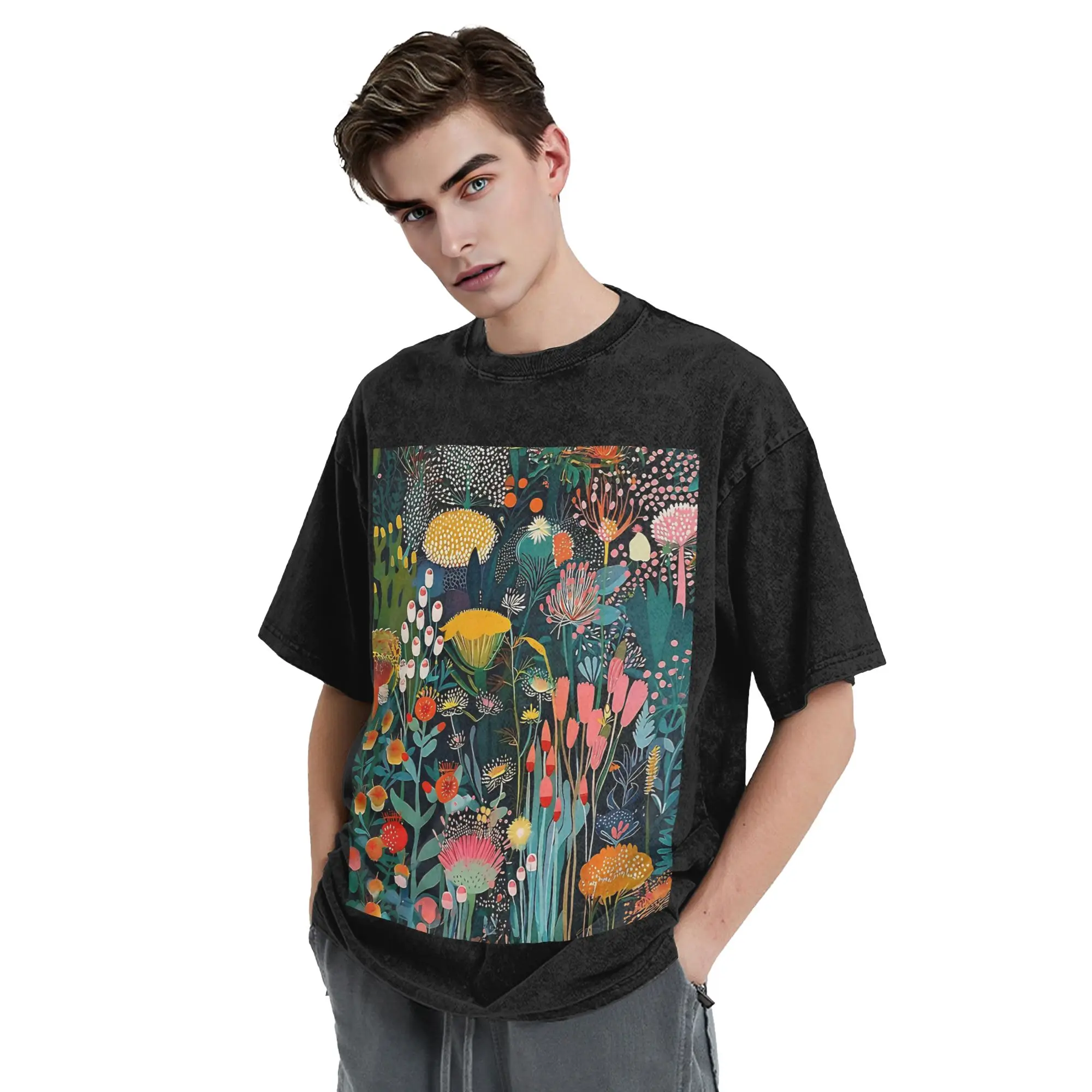 Yayoi Kusama Flower Field Art T Shirts Hip Hop Washed High Street T-Shirts  Vintage for Men Women Tops Streetwear Summer Tees
