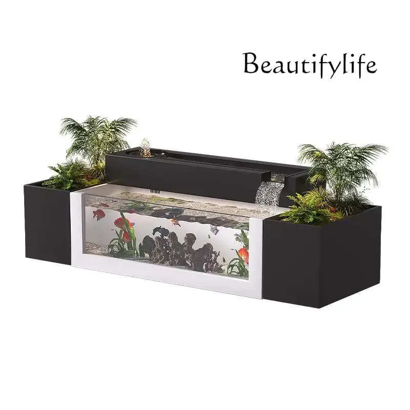 qw  outdoor courtyard stainless steel  pond modern circulating water  rectangular glass fish tank landscaping customization