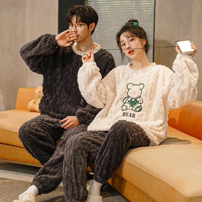 Pajamas For Couples Set Thick Warm Coral Fleece Homewear Winter Lounge Men\'s Clothing Soft Loose Pajamas Women Home Clothes Suit