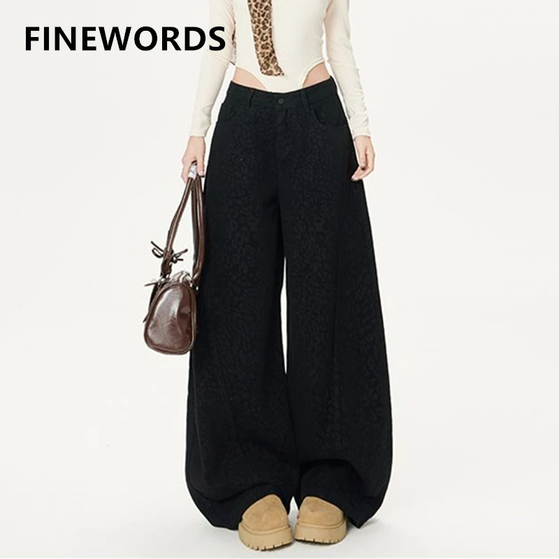 

Женские джинсы FINEWORDS с высокой талией, черные, с леопардовым принтом, свободные, широкие, повседневные, в стиле Y2K, уличная одежда