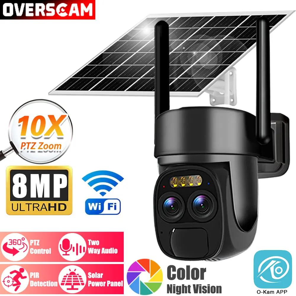 10x Zoom Wifi Solar Camera Outdoor 4K 8MP Dual Lens Color Night Vision IP Surveillance Camera Security Protection PTZ CCTV Cam