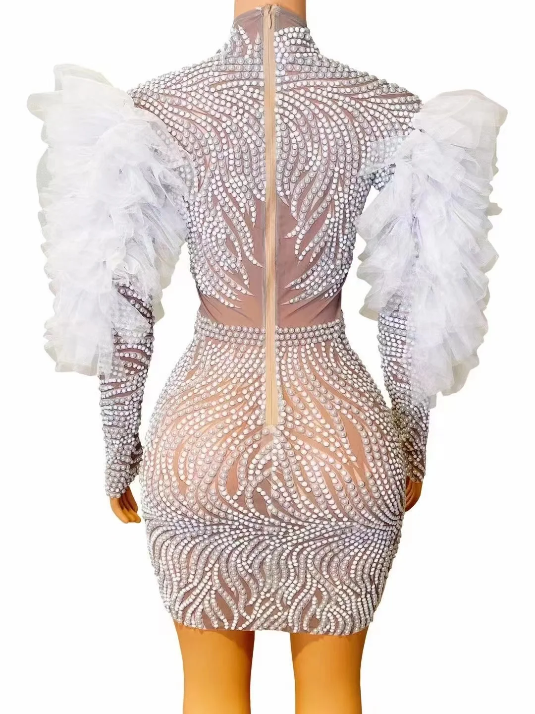 Vestido ajustado de encaje de malla transparente de hombro alto personalizado, vestido Sexy de perlas de alta elasticidad, vestido de fiesta de cumpleaños, Longuette de rendimiento