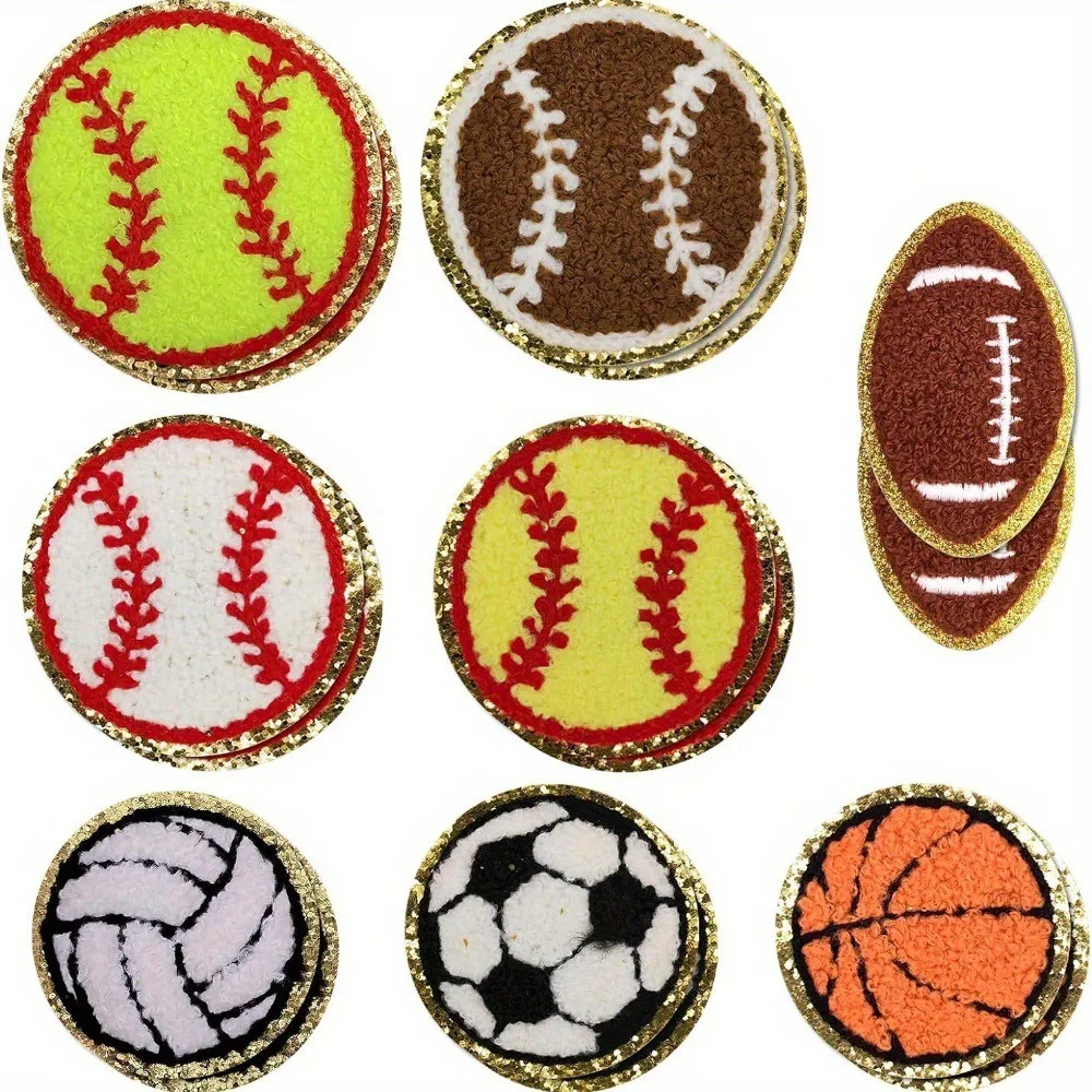 5PCS Balls Game Clothing Iron on Patches Chenille Baseball Basketball Apparel Repair Patches Sew on Gold Edged Applique Towel