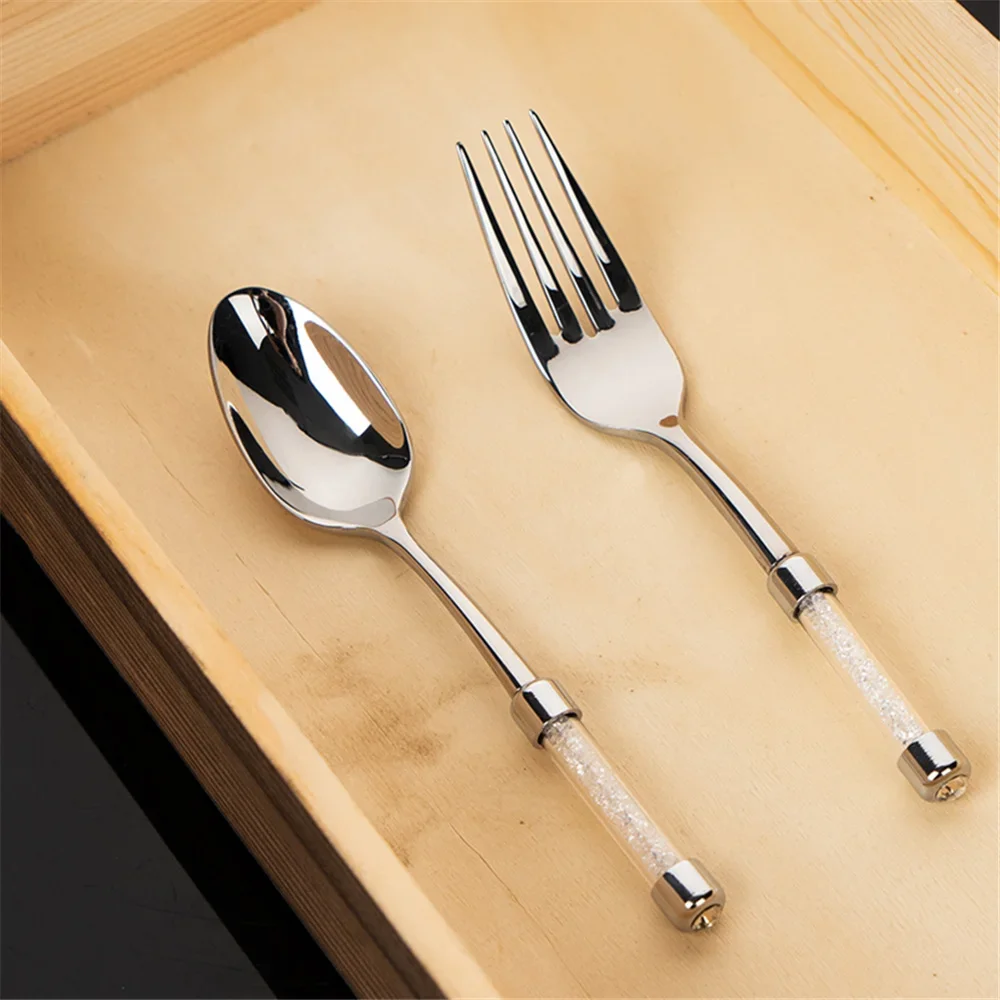 

2pcs Handmade Crystal Fork Spoon Dinnerware Set Luxury Cutlery Stainless Steel Tableware Knives Forks Dinner Home Restaurant