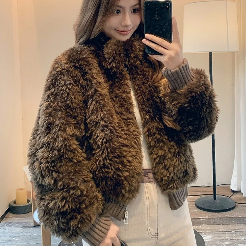 Stand collar lamb wool down cotton clothes women winter short jacket loose thicken plush warm tops coat Female Parkas Outerwear