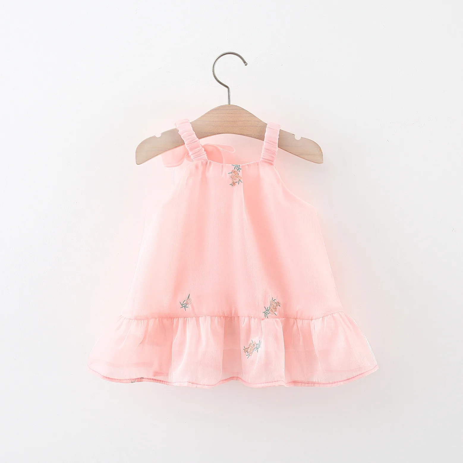 Summer Girl Baby Dress Girl Embroidered Flower Hem Tie up Bowtie Chiffon Suspended Princess Dress