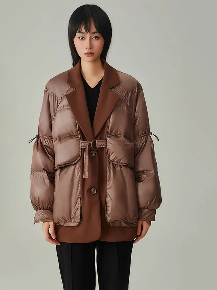 Chaqueta de plumón de invierno para mujer, abrigo de plumón de pato blanco, traje con cuello, diseño elegante, prendas de vestir exteriores de retazos, abrigo falso de dos piezas, cálido e informal