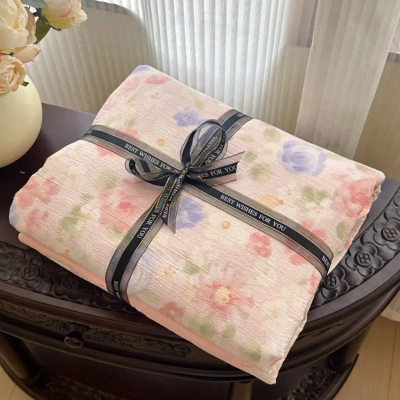 New class A washable aerobic double-layer yarn printing cloud wrinkle yarn four-piece set for home use
