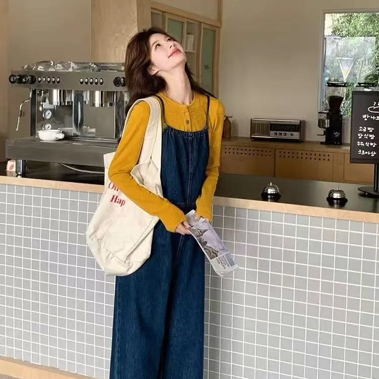 

Unique Blue Denim Overalls Women's Spring Autumn High Waist Wide Leg Pants Comfortable Casual Fashionable Eco-Friendly Cotton