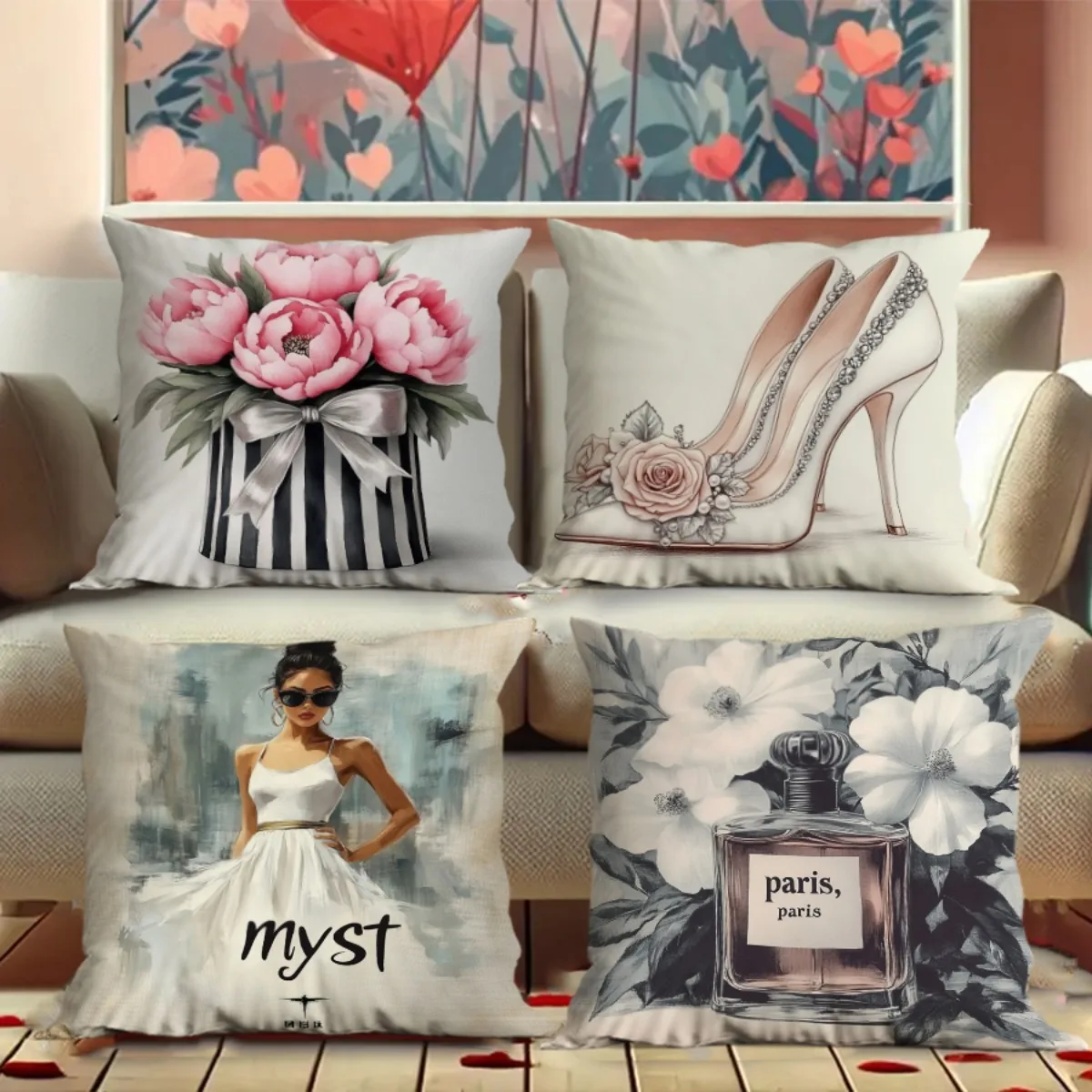 

Chic Fashion Pillowcase - Peony Bouquet & High Heel Perfume Pattern Cushion for Stylish Home Decor