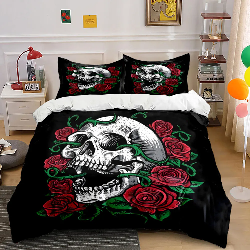 Skull with entwined roses illustration Print Bedding Set 1 Duvet Cover 2 Pillowcases for Adult and Children Luxury Gift