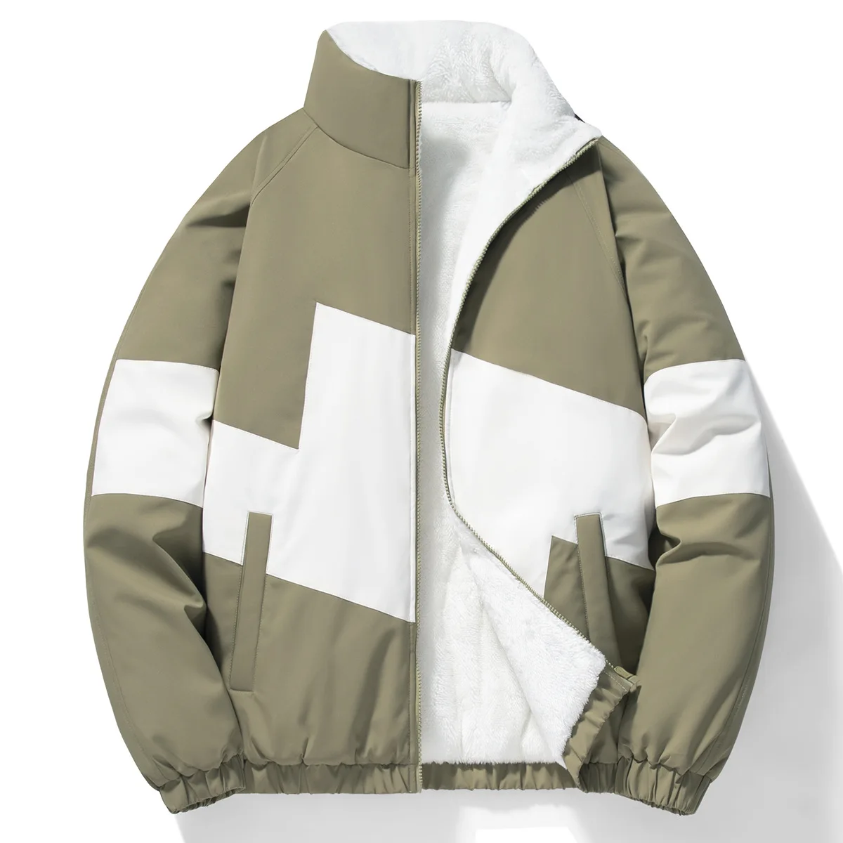 2025 mann Jacke Winter Verdicken Fleece Kontrast Farbe Stehkragen Männer Unten Mantel Mode Lange Sleeve Zipper Männliche Oberbekleidung