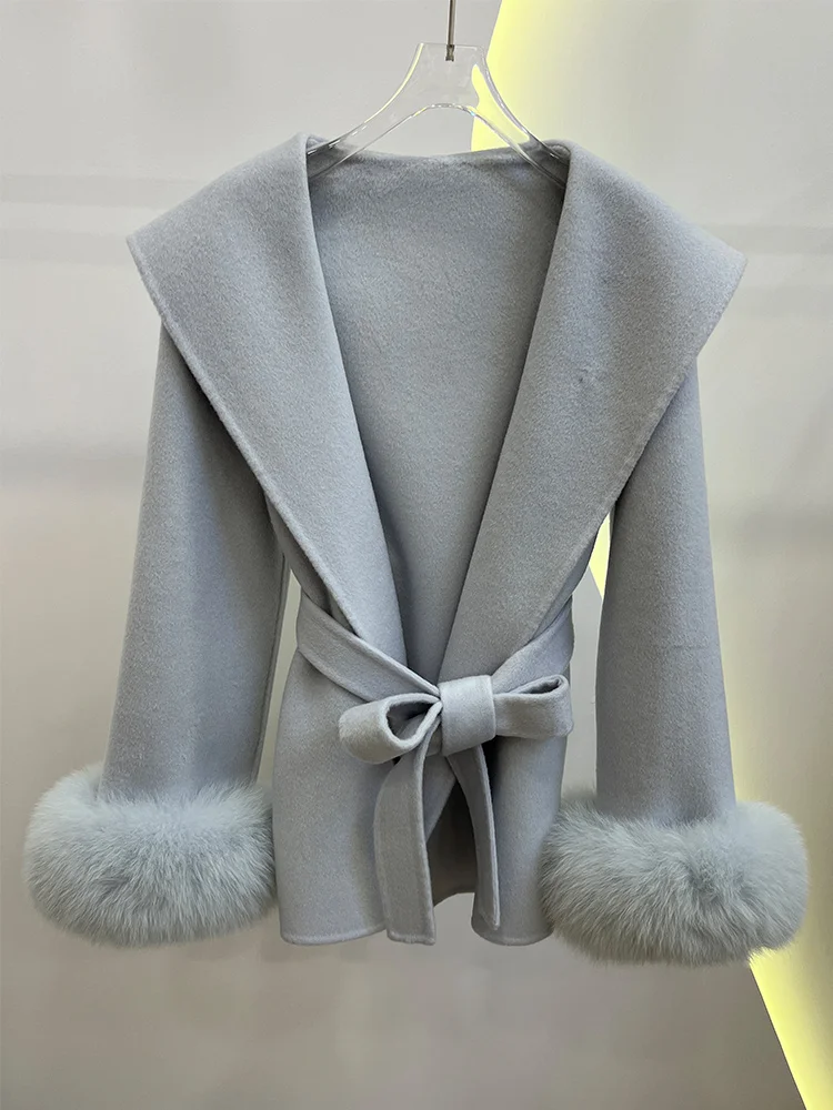 New Real Fur Coat Winter Wool Woolen Jacket Women Natural Fox Fur Cuffs Cashmere Ladies Belt Outerwear Streetwear Hot Sale