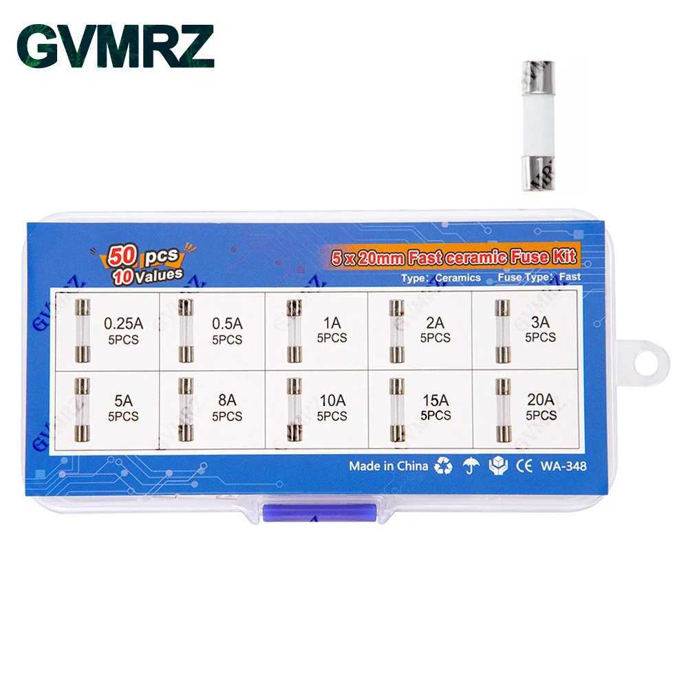 50pcs 5x20mm Ceramic Tube Fuse Assorted Kit Amp 0.25A 0.5A 1A 2A 3A 5A 8A 10A 15A 20A 250V with Storage Box