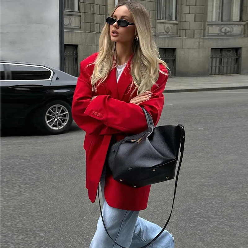 DGLUKE, chaqueta roja de gran tamaño para mujer, novedad de 2024, abrigos y chaquetas, chaqueta informal holgada de un solo pecho para mujer,