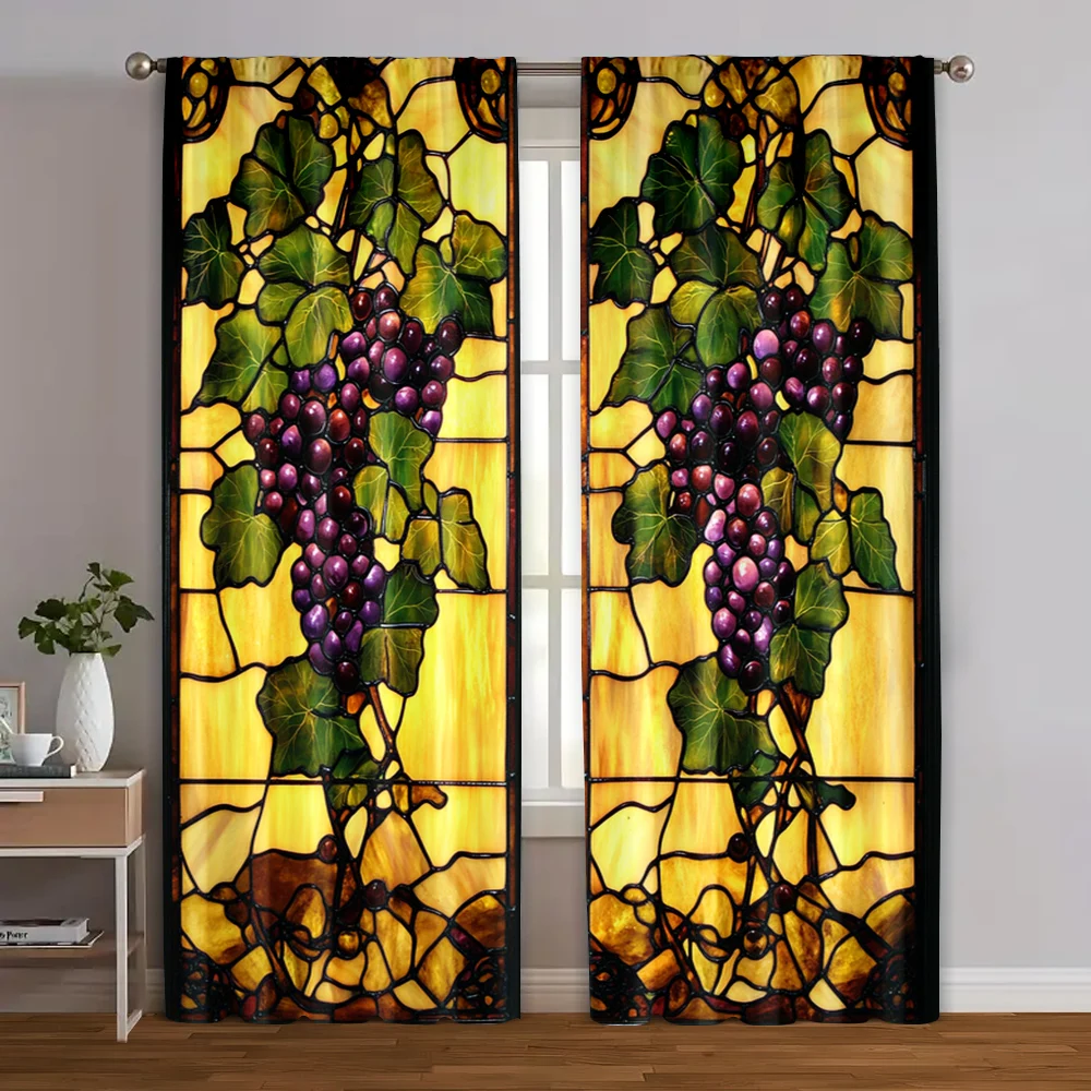 2pcs, Upscale Curtains Stained Glass Grapes Versatile Polyester Fabric (without rod) Stuff Clearance Perfect for Bedroom Living