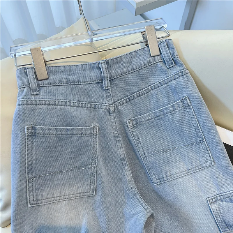 Lichtblauwe jeans met wijde pijpen voor dames Hoge taille Losse casual rechte cargo-denimbroek Lente herfst retro broek