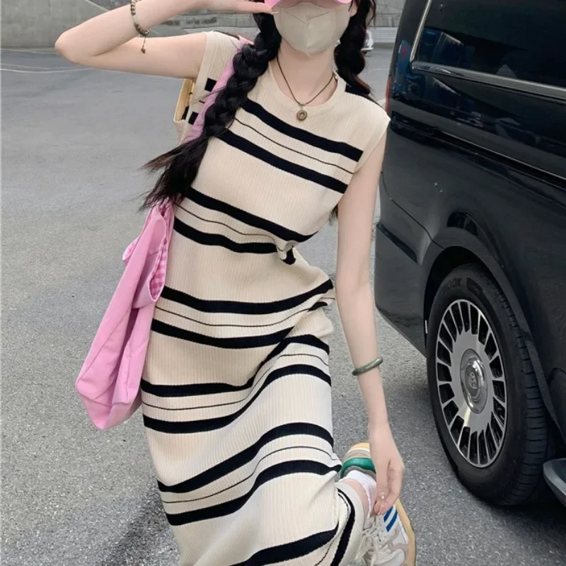 New Striped Dress Female Summer Spice Girl Short Sleeve Waist Slim Hip Skirt Long Home Clothes Pajamas Female