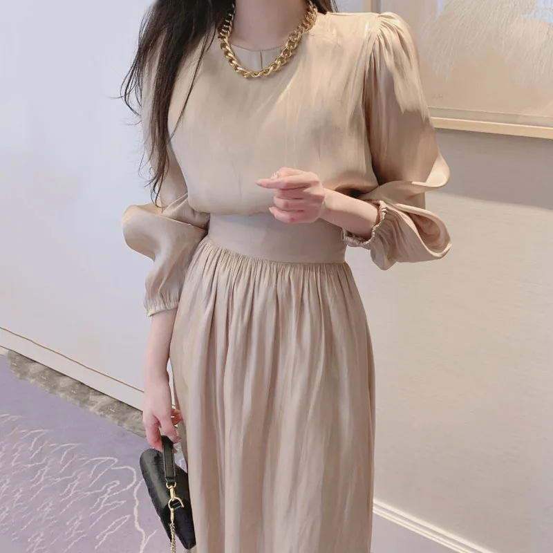 

Long Puff Sleeve Dresses for Women Clothing Fall 2022 Korean High Waist Solid Chic Elegant Party Vestido De Mujer Woman Dress